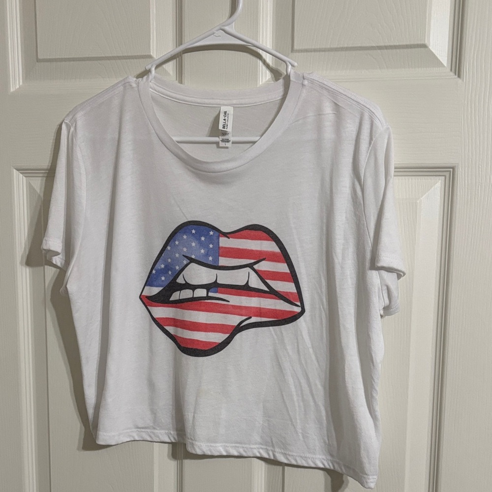 Bella Canvas White Crop Top with American Flag Lips